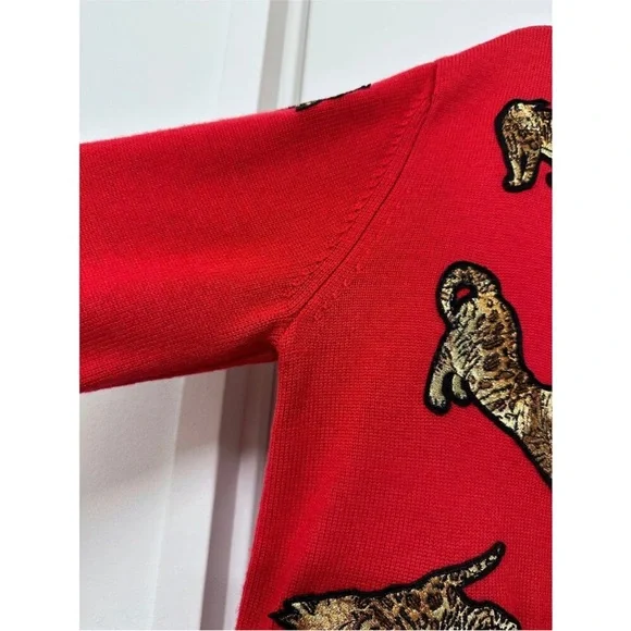 Alice + Olivia Red Bengal Cat Embroidered Grandpa Cardigan – Wool Blend, Size M - Picture 6 of 15